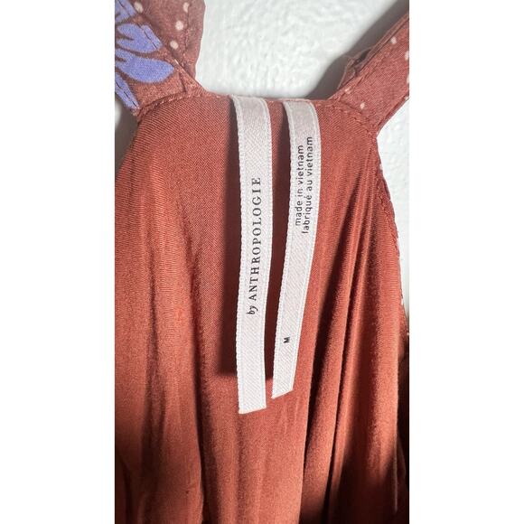 Anthropologie Ruffle Sleeve Printed Wrap Maxi Silky Dress Medium Brown Copper - Picture 10 of 13